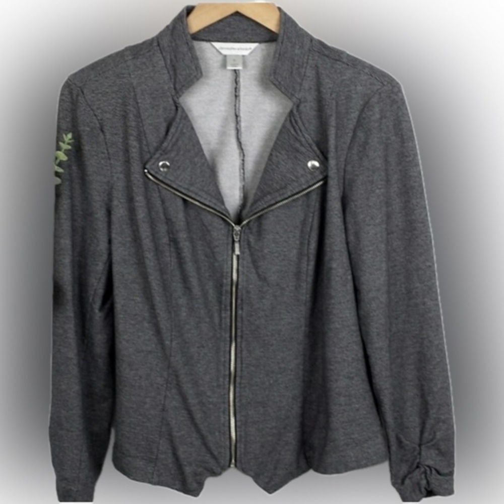 Christopher & Banks Gray Knit Jacket Size M Zip front Ruched Snaps front lapel.